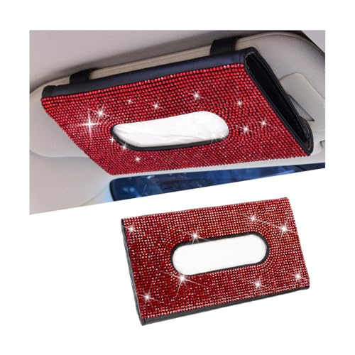 Bling Car Tissue Holder for Sun Visor, Crystal Rhinestone Leather Vehicle Paper Towel Case, Glitter Diamond Auto Napkin Clip Accessories for Women, Universal for SUV, RV, Truck (Red/Black) - color: Red+black