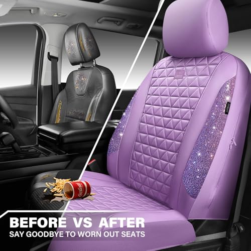 CAR PASS Light Purple Bling Diamond Leather Car Seat Covers Full Sets, Waterproof Shining Glitter Sparkly Crystal Universal Armrest Fit for Automotive Truck SUV Cute Women Girl,Lavender Rhinestone - color: Purple Rhinestone Lavender, size: Full Set