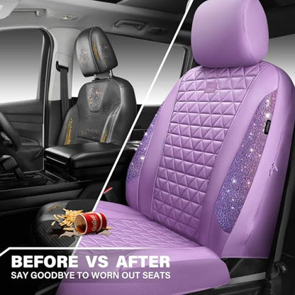 CAR PASS Light Purple Bling Diamond Leather Car Seat Covers Full Sets, Waterproof Shining Glitter Sparkly Crystal Universal Armrest Fit for Automotive Truck SUV Cute Women Girl,Lavender Rhinestone - color: Purple Rhinestone Lavender, size: Full Set