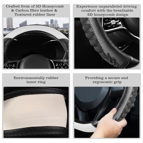 5D Honeycomb Knight White Car Steering Wheel Cover,14.5-15 Inch Universal Carbon Fibre Leather Covers Breathable Anti-Slip Odorless Steering Wheels Accessories for Men Women - color: 5D Honeycomb - Knight White