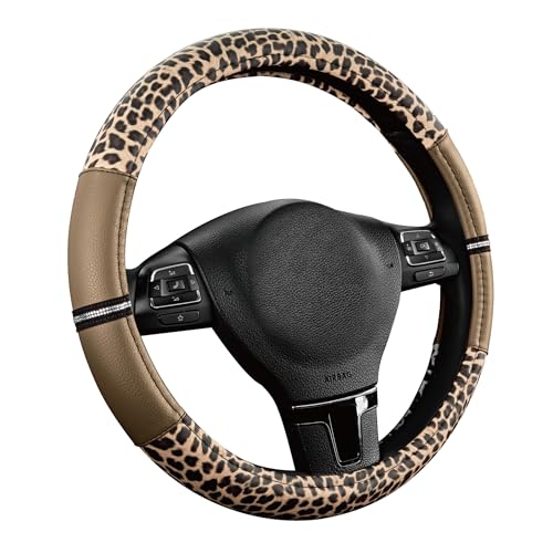 Road Comforts Leopard Steering Wheel Cover for Women, Cute Anti-Slip Microfiber Leather, Universal Fit 14.5-15 Inch Round Steering Wheel - Beige - color: Round Beige