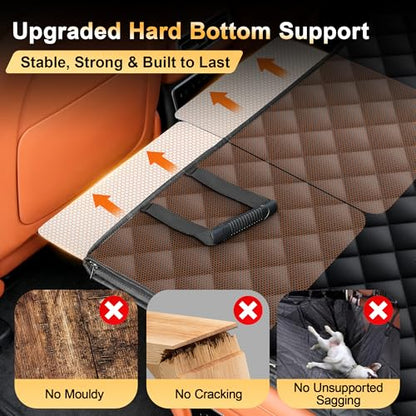 Back Seat Extender for Dogs, Holds 450 lbs, Hard Bottom Waterproof Dog Car Seat Cover with Door Protectors, 600D Heavy Duty Scratch Proof & Nonslip Dog Hammock with Mesh Window for Car, SUVs