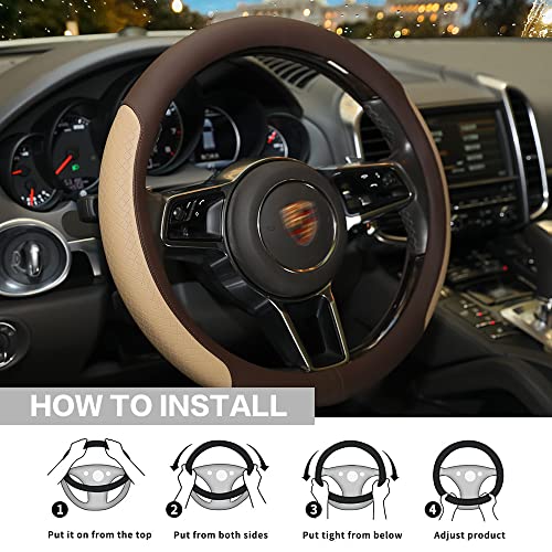 Steering Wheel Cover, Microfiber Leather Splicing with Classic Embossing,Contrasting Colors Anti-Slip Breathable Auto Car Steering Wheel Cover Fit 15 Inch Car Wheel Protector (Coffee&Beige) - color: Coffee&Beige