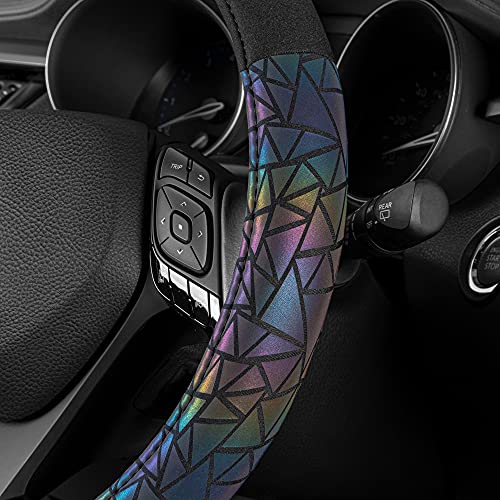 BDK Geometric Prism Sparkle Glitter Steering Wheel Cover - Car Steering Wheel Cover for Women with Shiny Holo Bling Accents, Fits Most Car Truck Van SUV Wheel Sizes 14.5 to 15 inch - color: Geometric Prism