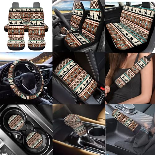 Dreaweet Aztec Car Seat Covers Full Set Western Cowboy Pattern Car Accessories for Men,Universal Steering Wheel Cover/Center Console Cover/Seatbelt Covers/Coasters/Gear Shift Cover and Handbrake Cover - color: Aztec Cowboy