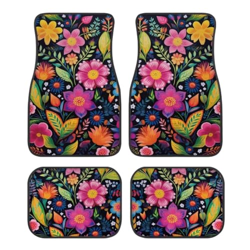 Pink Colorful Flowers Print Floral Car Floor Mats Suitable for Cars SUVs Trucks,All Weather Front & Rear Automotive Floor Mats,Universal Fit Design，4 Pieces - color: Pink Colorful Flowers