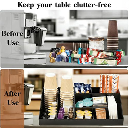 SZQINJI Coffee Condiment Organizer Holder 10-Compartment Break Room Coffee Condiment Caddy Cup Storage Holder Black
