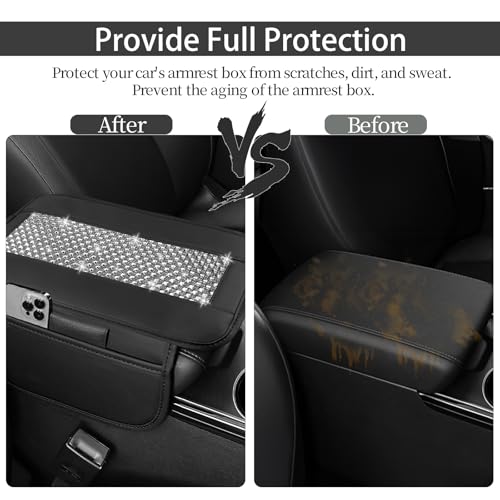 NBTEPEM Bling Car Armrest Cover, Universal Microfiber Leather Center Console Cover with 2 Pockets, Rhinestone Car Armrest Cushion Protector, Bling Accessories Interior (Silver Diamond) - color: Silver Diamond