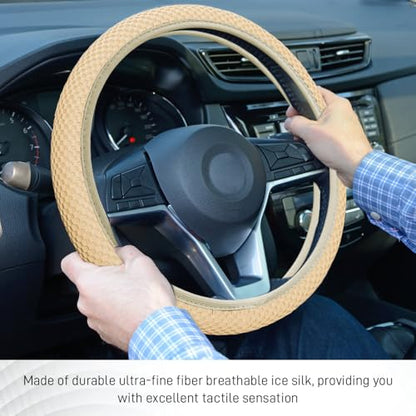 Elastic Stretch Steering Wheel Cover, Steering Wheel Protector, 15 Inch Anti-Slip Breathable Microfiber Ice Silk Protection, Easy Carry, Warm in Winter & Cool in Summer for Cars (Beige) - color: Beige