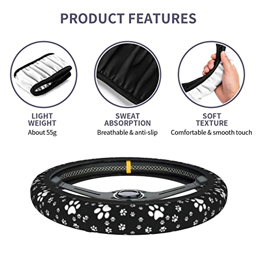 Paw Print Steering Wheel Cover for Women Men with 2 Pcs Car Coasters, Universal 14.5-15 Inch Cute Steering Wheel Covers Non-Slip Car Accessories for Girls - color: paw print