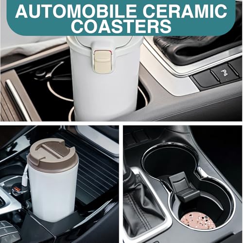 Absorbent Ceramic Car Cup Holder Coasters, 4 Pcs, White and Pink, 2.56 Inch Diameter, Round