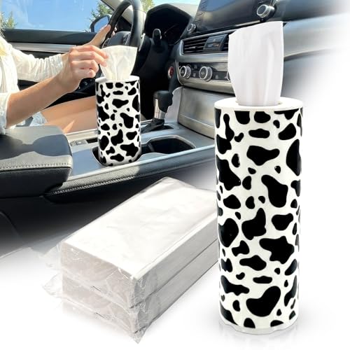 Car Tissues Cylinder for Cup Holder - Refillable Round Tissue Canister with 2 Packs Tissues - Cow Car Decorations,Cow Cars Interior Accessories for Women & Men - Fits Most Auto Cup Holders (Cow Print) - color: Cow Print