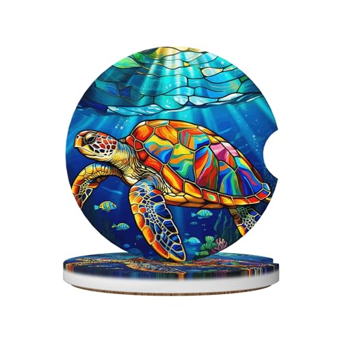 Stained Glass Sea Turtle Ocean Car Cup Holder Coasters 2 Pack Universal 2.63 Inch Anti Slip Ceramic Absorbent Coaster with Cork Base and Finger Notch Cute Car Accessories Interior for Women - color: Blue