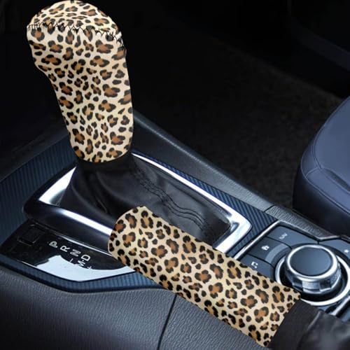 Horeset Brown Leopard Print Car Interior Accessiores for Women Gear Shift Knob Cover&Handbrake Cover Easy Install Anti-Slip Universal Case Sleeve Hand Protect 2 pcs - color: Brown Leopard Print