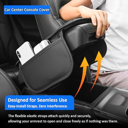 Car Center Console Cover with Storage Bags, Leather Armrest Pad Protector for SUV, Sedan, Truck Interior Accessories (Black)