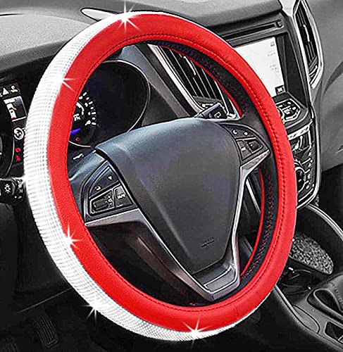 Crystal Rhinestone car Steering Wheel Cover, Bling Bling Crystal Crown Leather Non-Slip Universal 15 inch/38 cm Steering Wheel Cover (Red) - color: Red
