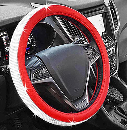 Crystal Rhinestone car Steering Wheel Cover, Bling Bling Crystal Crown Leather Non-Slip Universal 15 inch/38 cm Steering Wheel Cover (Red) - color: Red