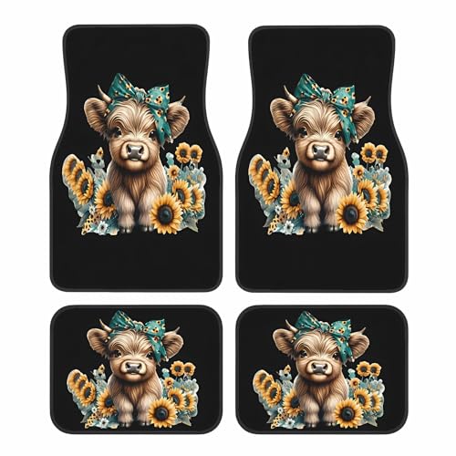Universal Fit Car Floor Mats Set of 4Pcs, Cute Sunflower and Highland Cattle All-Weather Front Rear Car Carpet Mats, Non-Slip Car Floor Mat Car Accessories for Automotive Trucks SUV Sedans Vans - color: Sunflower Highland Cattle