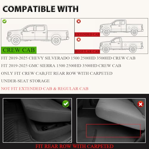 G-PLUS Floor Mats Fit for Chevy Silverado/GMC Sierra 1500 2500HD 3500HD Crew Cab 2019-2025(Fit with Rear Under-Seat Storage), TPE All Weather Custom Fit Floor Liner Car Mats 3 Piece Black
