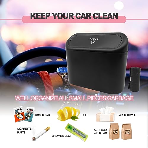 Car Trash Can with Lid Leakproof Mini Vehicle Trash Bin and One Roll Plastic Trash Bag Automotive Garbage Container Bin for Vehicle Home Office (Black)