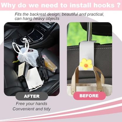 4 PCS Car Headrest Hook, Multifunctional Flower Vehicle Seat Back Storage Hook, Cute Automotive Seatback Organizer Hanger for Purse Grocery Bag Handbag, Universal Fit (Beige/Yellow) - color: Beige/Yellow