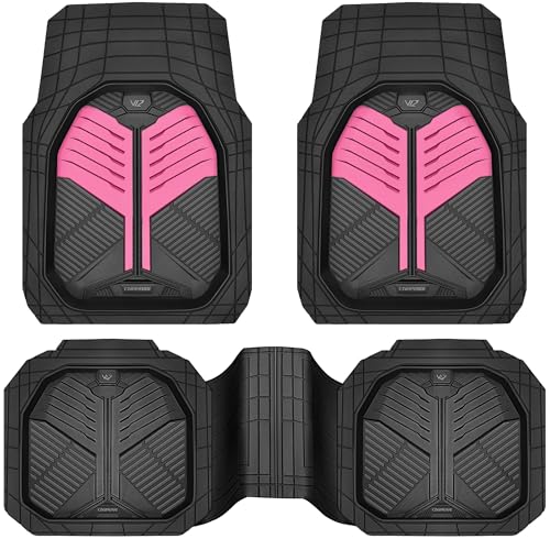 CAR PASS Heavy Duty Rubber Car Mats, Deep Dish Car Floor Mats All Weather, Car Mats Full Set 3-Piece Trim to Fit for Sedans SUVs Trucks,Women Waterproof Anti-Slip Automotive Mats, V12 Black and Pink - color: Pink and Black