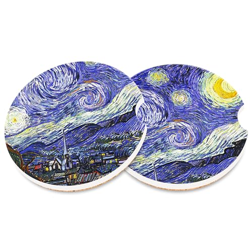 Starry Night Car Cup Holder Coasters,Starry Night Car Cup Coasters Absorbent for Drinks with Cork Base Anti-Slip Universal Ceramic Insert Auto Interior Accessories 2Pcs - color: Van Gogh Starry Night