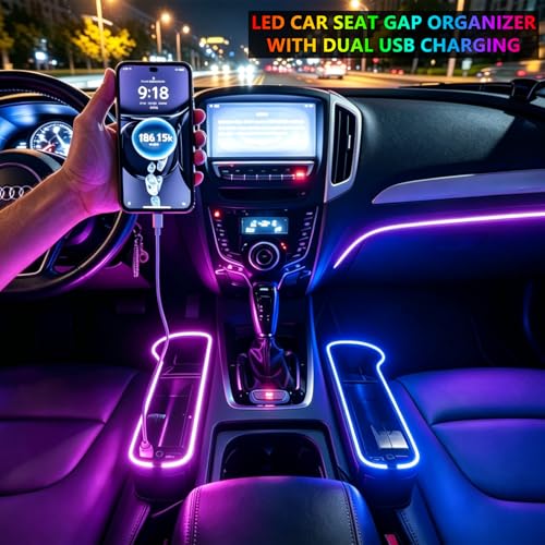 2 Pack Car Seat Gap Organizer,Multifunctional Seat Gap Storage Box with USB Fast Charger, Car Seat Pockets with Led Light, Car Seat Gap Filler with Cup Holder (Black)