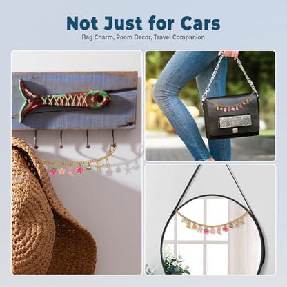 Strawberry & Flower Seashell Butterfly Rear View Mirror Charm – Cute Boho Car Hanging Decor with Bow, Lucky Mushroom & Cowboy Boot, Car Accessories for Women, Gift for Drivers