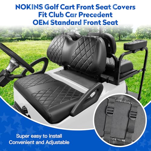 Golf Cart Seat Covers for Club Car Precedent, Vinyl Front&Rear Seat Cover with Flip-Up Armrests kit, with Cup Holder, for 1" Square Tube (Black&Black Stitching)