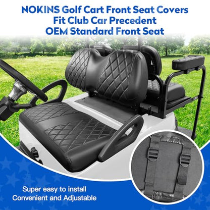 Golf Cart Seat Covers for Club Car Precedent, Vinyl Front&Rear Seat Cover with Flip-Up Armrests kit, with Cup Holder, for 1" Square Tube (Black&Black Stitching)