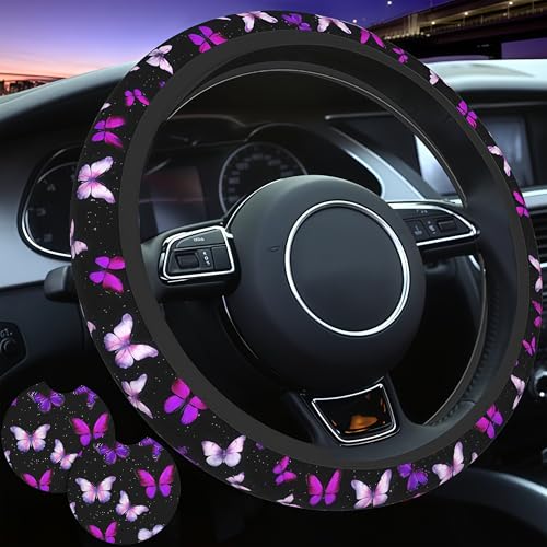 Butterfly Purple Steering Wheel Cover - Butterflys Steering Wheel Cover for Women Purple Butterfly Cute Fashion Car Accessories Anti-Slip Breathable Universal14-15 2 Pieces Car Coasters - color: Purple Butterfly-3