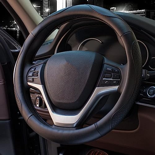 Valleycomfy Leather Steering Wheel Covers Universal 15.75 inch -Breathable, Anti Slip & Odor Free (Black with Black Lines,L(15" 1/2-16")) - color: Black, size: L(15"1/2-16")
