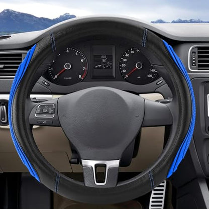 Blue Film Splicing Leather Steering Wheel Cover, Microfiber Leather, Anti-Slip, Breathable, Universal Fit for 14.5–15 in Steering Wheel Cover for Men Women - color: Film-Grained - Blue