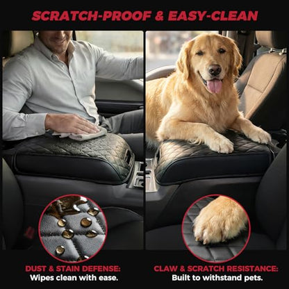 FREESOO Center Console Armrest Cover for Ford F150 2015-2020, Compatible with 2017-2022 F250 F350 F450 F550, 2018-2024 Expedition, PU Leather Cushion Thick Pad, Black (Bucket Seat Only)