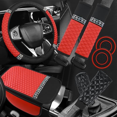 8PCS Car Accessories Set, Bling Leather Car Steering Wheel Cover with Armrest Pad, Seat Belt Cover Pads, Cup Holder Coasters, Gear Shift & Handbrake Covers, Auto Interior Accessories (Red) - color: Red