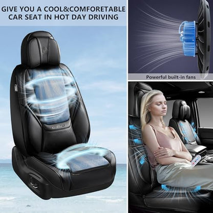 CAR PASS Ventilation Cooling Seat Cover,Luxury Nappa Leather 5 Seat Cover with Vibrate Massage 12V, Lumbar Support, Seat Covers for SUVs,Pickups,Trucks,Vehicles (Solid Black) - color: Black Cooling