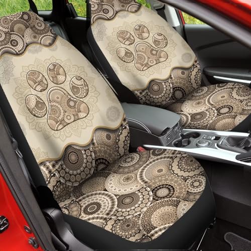 Howilath Brown Boho Mandala Dog Paw Print Seat Covers for Women Men Car Seat Covers, 2pcs Car Accessories High Back Front Seat Covers - color: Brown Boho Mandala Dog Paw