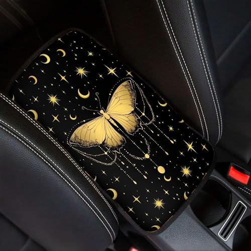 Gold Butterfly Moon Stars Car Center Console Cover,Car Armrest Cover Cushion,Universal Car Armrest Storage Box Car Interior Accessories - color: Gold Butterfly Moon Stars