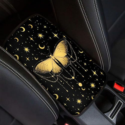 Gold Butterfly Moon Stars Car Center Console Cover,Car Armrest Cover Cushion,Universal Car Armrest Storage Box Car Interior Accessories - color: Gold Butterfly Moon Stars