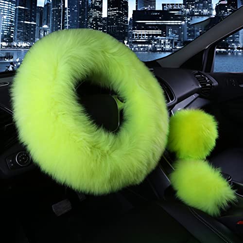 Car Steering Wheel Cover Gear Shift Handbrake Fuzzy Cover 1 Set 3 Pcs Multi-Colored with Winter Warm Pure Wool Fashion for Girl Women Ladies Universal Fit Most Car (Grass Green)