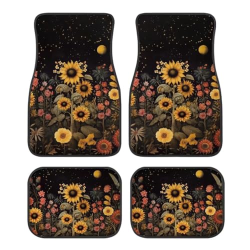 Black Sunflowers Print Floral Car Floor Mats Suitable for Cars SUVs Trucks,All Weather Front & Rear Automotive Floor Mats,Universal Fit Design，4 Pieces - color: Black Sunflowers