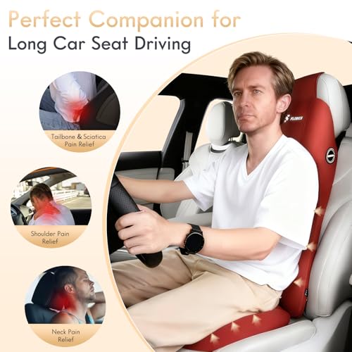 Memory Foam Car Seat Cushion and Integrated Neck Pillow Lumbar Support Ergonomic Seat Cushion Breathable Back Support Headrest for Truck Driver Long Driving Sciatica Tailbone Pain Relief, Red - color: Red, size: Seat Cushion + 2-in-1 Lumbar&headrest Pillo