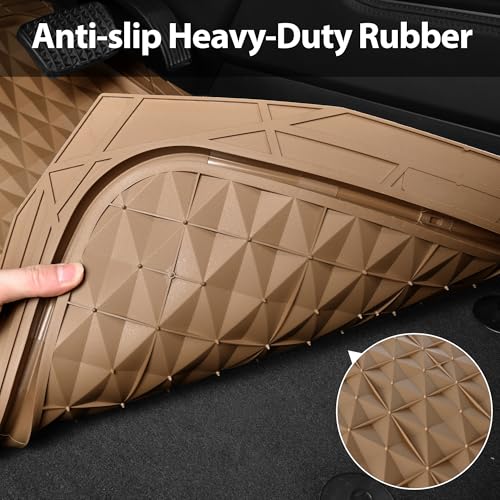 CAR PASS Heavy Duty Rubber Beige Car Floor Mats & Cargo Liners, Deep Dish All-Weather Trunk Mats Durable Anti-Slip 3D Rhombus Waterproof Trim to Fit Liner Universal Fit Auto,Sedan,SUV,Truck, Beige - color: beige with cargo liner