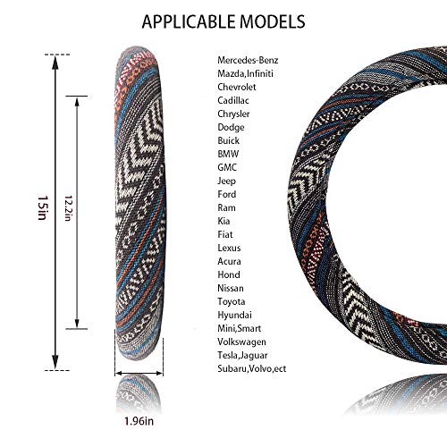 Universal 15inch Ethnic Style Baja Blanket Steering Wheel Cover with Coarse Flax Cloth and Sweat Absorption Anti Slip Car Wrap (Boho Dark) - style: Boho Dark