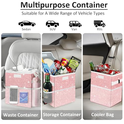 Cute Mini Car Trash Bag with Lid, Glitter Garbage Can Bin Hanging for Back/Front Seat/Console, Waterproof, Leakproof, 2.5 Gallon, Pink Bling Sparkly