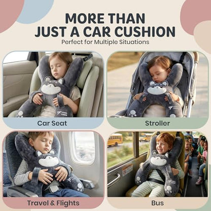 Kids Car Sleeping Pillow - X-Shaped Plush Animal for Neck & Back Support - Hands & Seat Belt Slot - Machine Washable & Compressible - Perfect for Car, Plane, Train, Boat & More - Grey