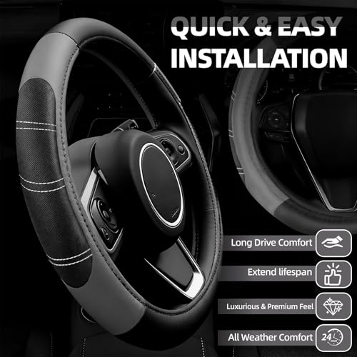 NBTEPEM 6 Pcs Grey Car Accessories Set, Sport Leather Steering Wheel Cover 14.5-15inch Universal, Microfiber Leather Car Center Console Cover, Seat Belt Cushion, Cup Holder Coaster (Black-Grey)