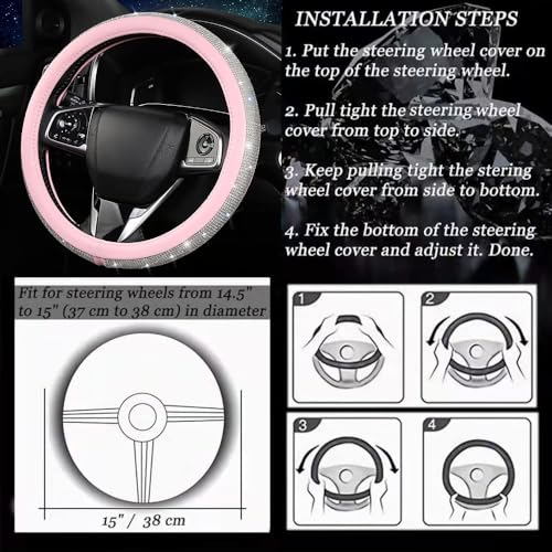 Steering Wheel Cover Women Pink Bling Diamond Steering Wheel Cover, Leather Cute Steering Wheel Covers with Crystal Rhinestones, Breathable, Anti-Slip Universal Fit 14.5-15 Inch Bling Car Accessories - color: White Pink