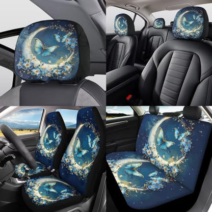 Butterfly Moon Auto Front Rear Seat Protective Steering Wheel Covers Set 12 Pcs Funny Car Seat Interior Accessories Full Set Headrest Covers Cup Coasters Armrest Pad Gear Shift Cover - color: Butterfly moon